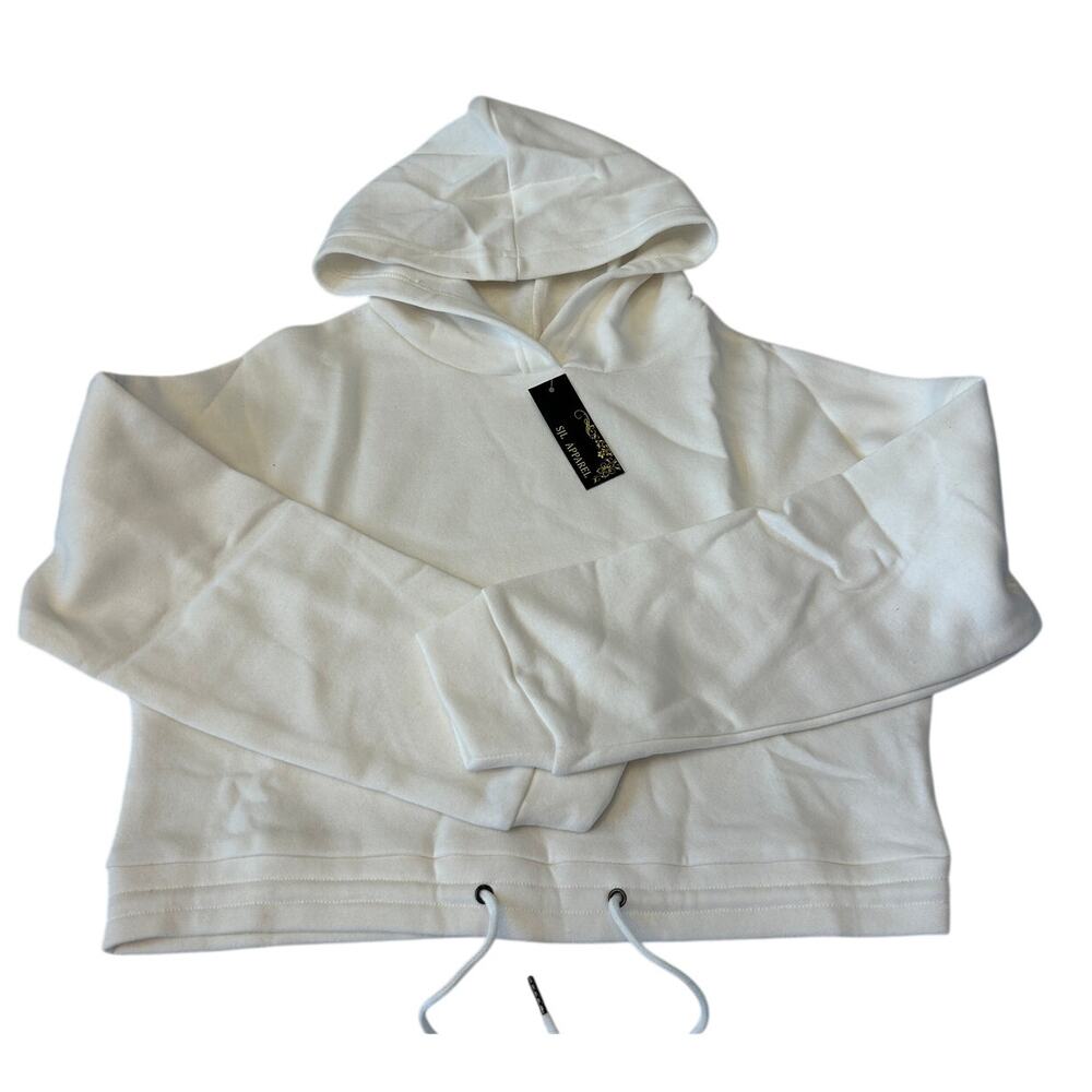 SJL Apparel Women's Cropped Hooded Sweatshirt Size L Ivory Drawstring Waist NWT